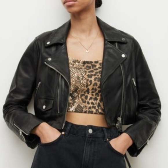 All Saints Black Leather Crop Biker Jacket - Picture 2 of 9